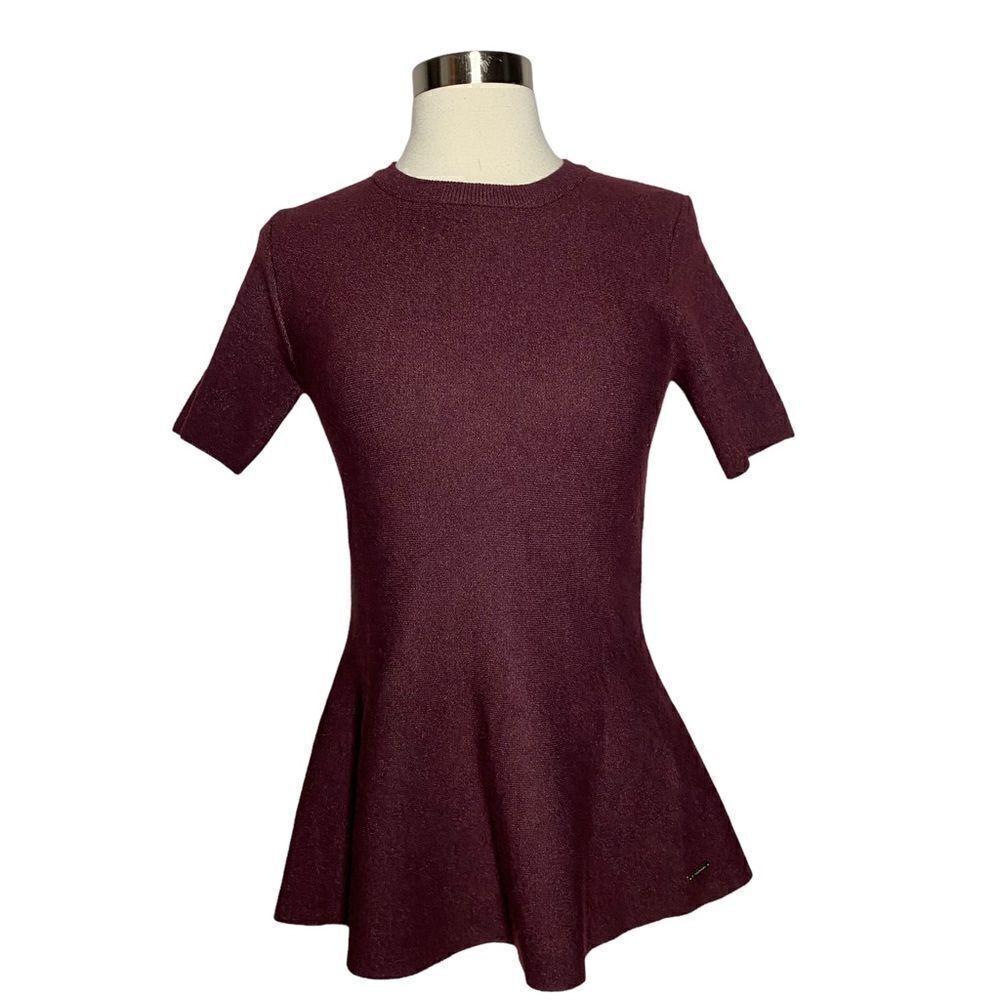 T Tahari Peplum Pullover Sweater Top in Merlot Grape XS